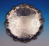 English Silverplate Salver Tray w/ Lion Crest Round Footed Floral 12" (#9202)