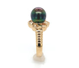 18k Yellow Gold Tahitian Black Pearl Ring with Diamonds (#J6340)