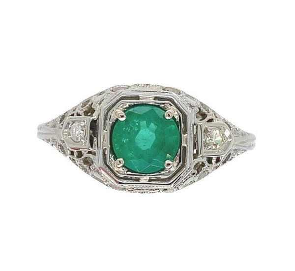 18k White Gold Filigree Deco .55ct Genuine Natural Emerald Ring (#J6333)