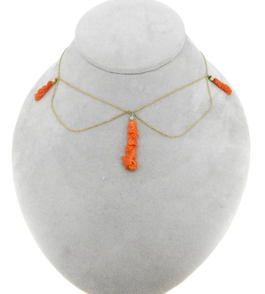 14k Gold Victorian Carved Genuine Natural Coral Festoon Necklace w/Bird (#J2586)