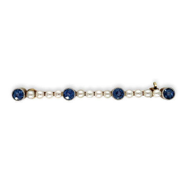 14k Yellow Gold with Platinum Top Montana Sapphire and Pearl Pin (#J6878)