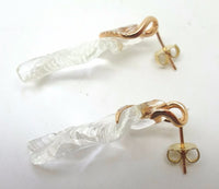14k Rose Gold Carved Genuine Natural Rock Crystal Quartz Leaf Earrings (#J128)