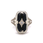 14k White Gold Genuine Natural Onyx Filigree Ring with Diamond Jewelry (#J5708)