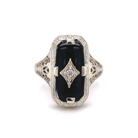 14k White Gold Genuine Natural Onyx Filigree Ring with Diamond Jewelry (#J5708)