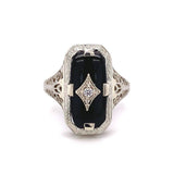 14k White Gold Genuine Natural Onyx Filigree Ring with Diamond Jewelry (#J5708)