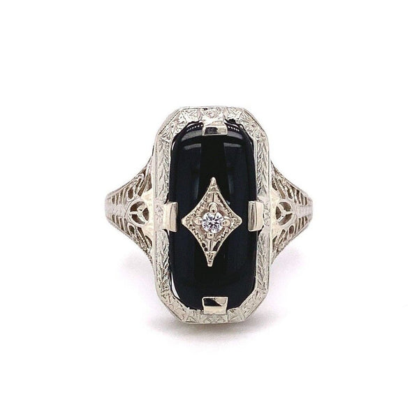 14k White Gold Genuine Natural Onyx Filigree Ring with Diamond Jewelry (#J5708)