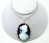 18k White Gold Genuine Natural Agate Stone Cameo Diamond Pendant (#J2463)