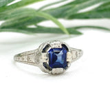 Art Deco 18k Gold .68ct Genuine Natural Sapphire Ring Hand Engraved (#J7568)
