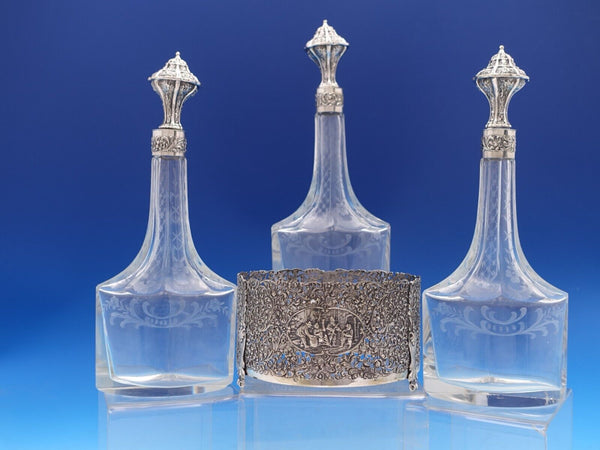 830 Silver Liquor Set 3-pc silver tops and hand engraved bottles Dutch #4344-2