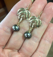 14k Yellow Gold 9mm Tahitian Pearl Leaf Earrings (#J5297)