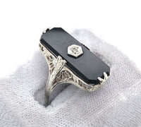 14k White Gold Genuine Natural Onyx Filigree Ring w/ Diamond Size 6.75 (#J6209)
