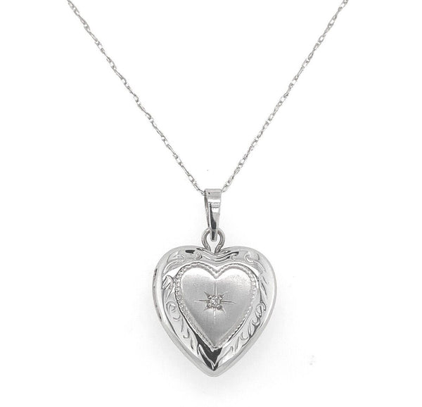 14k White Gold Heart Locket with Genuine Natural Diamond and Chain (#J6672)