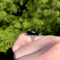 14k White Gold Filigree Genuine Natural Black Onyx and Diamond Ring (#J6612)