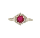 Art Deco 14k White Gold .49ct Genuine Natural Ruby Ring Hand Engraved (#J6388)