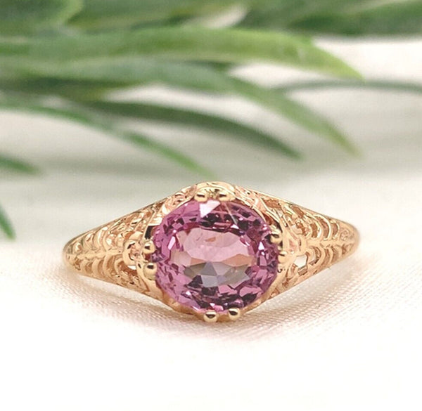 14k Yellow Gold Filigree 1.32 Carat Pink Genuine Natural Spinel Ring (#J7196)