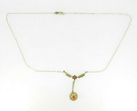 14k Gold Victorian Lavaliere Necklace Red Paste/Glass Stones Seed Pearls #J4514