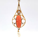 10k Yellow Gold Coral Cameo Lavaliere Pendant (#J5461)