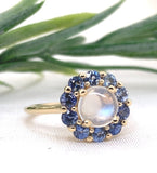 14k Yellow Gold Genuine Natural Moonstone and Sapphire Ring Size 6.25 (#J7618)