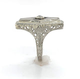 10k Gold Filigree Genuine Natural Rock Crystal Quartz and Onyx Ring (#J6358)
