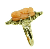 Art Nouveau 10K Yellow Gold Genuine Natural Coral Cameo Ring Floral (#J2227)
