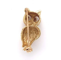14k Yellow Gold Owl Pin with Genuine Natural Ruby Eyes 1" x 1/2" (#J6014)