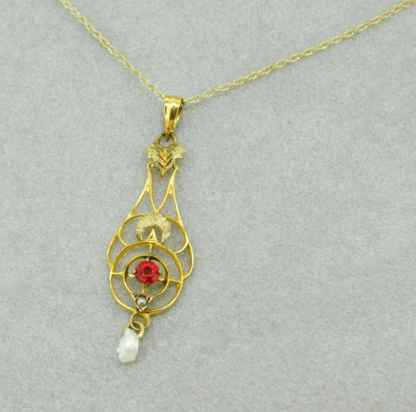 10k Yellow Gold Lavaliere Pendant with Red Glass and Pearl (#J4763)
