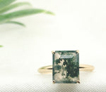 14k Yellow Gold 3 Carat Emerald Cut Moss Genuine Natural Agate Ring (#J7148)