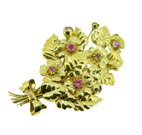 14k Yellow Gold Handmade Genuine Natural Ruby Bouquet of Flowers Pin (#J4659)