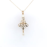 10k Yellow Gold Victorian Diamond Lavaliere with Pearl Drop (#J6429)