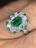 Fine Platinum Genuine Natural Emerald and Diamond Ring Size 5.5 (#J4857)