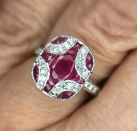 18k Gold Deco Style Specialty Cut Genuine Natural Ruby Ring w/ Diamonds (#J2355)
