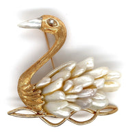 14k Yellow Gold Swan Brooch Pin with Freshwater River Pearls Jewelry (#J6236)