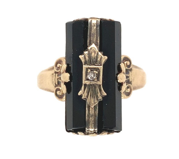 10k Yellow Gold Faceted Genuine Natural Black Onyx Ring with Diamond (#J7242)