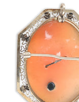 14k Gold Shell Cameo Pin Pendant Art Deco Filigree Frame with Diamond (#J6888)