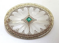 14K White Gold Art Deco Crystal Quartz Brooch with Lab-Created Emerald (#J110)