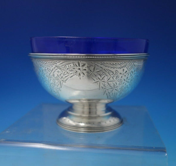H.A. English Sterling Silver Sweet Meat Dish Bright-Cut w/Ivy Cobalt Liner #5524