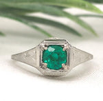 18k White Gold Filigree Art Deco .39ct Genuine Natural Emerald Ring (#J7199)
