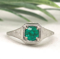 18k White Gold Filigree Art Deco .39ct Genuine Natural Emerald Ring (#J7199)