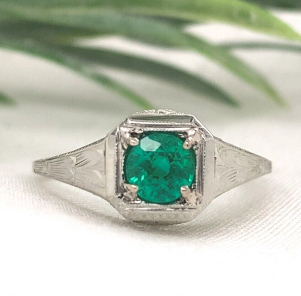 18k White Gold Filigree Art Deco .39ct Genuine Natural Emerald Ring (#J7199)