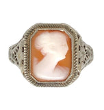Art Deco 14k White Gold Filigree Genuine Natural Shell Cameo Ring (#J7064)