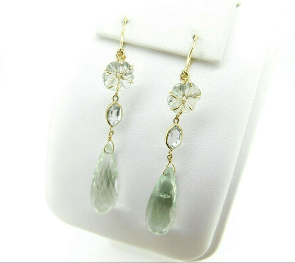 Large 14k Gold Genuine Natural Prasiolite Quartz Dangle Earrings (#J2402)