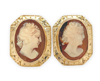 A Pair of 14k Gold Genuine Shell Cameo Earrings w/ Hand Engraved Frame (#J6965)