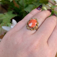10k Yellow Gold Victorian Genuine Natural Coral Cameo Ring Size 6.5 (#J6299)