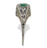 18k White Gold Filigree Art Deco .39ct Genuine Natural Emerald Ring (#J7199)