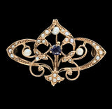 Victorian 10k Rose Gold Watch Pin with Pearls and Blue Paste Stones (#J7545)