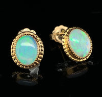 14k Yellow Gold Oval Genuine Natural Australian Opal Stud Earrings (#J7050)