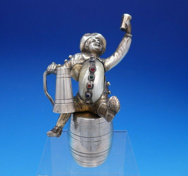 German Figurine Silver & Plate Man on Barrel w/ Mug Faux Gemstones (#4322)