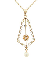 10k Yellow Gold Victorian Diamond and Pearl Lavaliere Pendant Jewelry (#J1092)