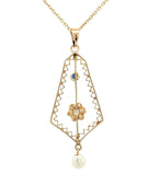 10k Yellow Gold Victorian Diamond and Pearl Lavaliere Pendant Jewelry (#J1092)