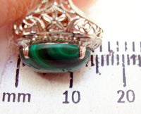 14k White Gold Oval Genuine Natural Malachite Filigree Ring (#J2900)